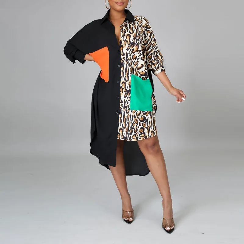 Leopard Print Long Sleeve Pocket Design Irregular Shirt Dress