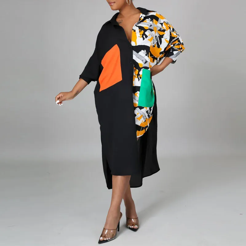 Leopard Print Long Sleeve Pocket Design Irregular Shirt Dress