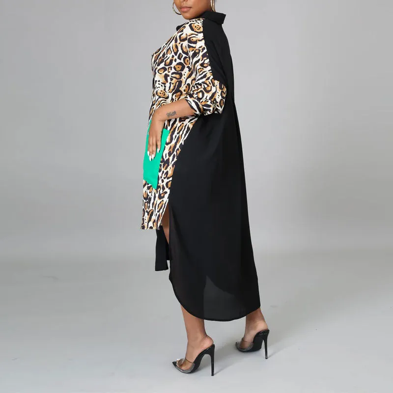 Leopard Print Long Sleeve Pocket Design Irregular Shirt Dress