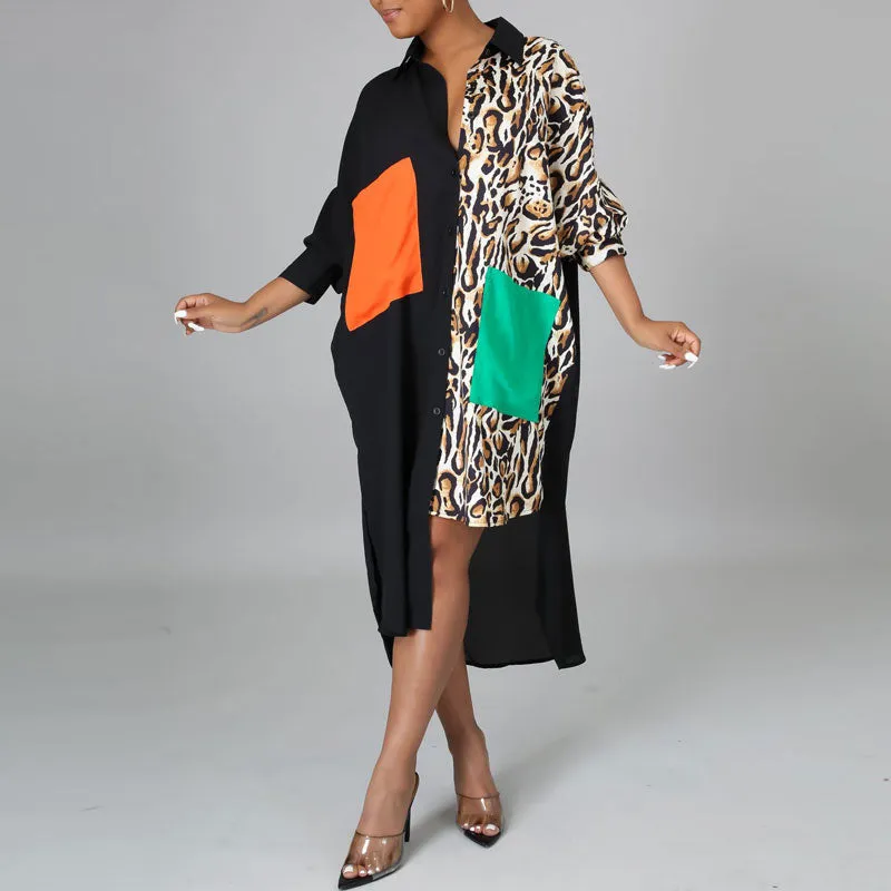 Leopard Print Long Sleeve Pocket Design Irregular Shirt Dress