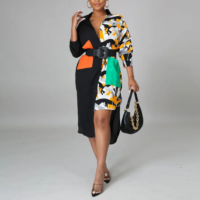 Leopard Print Long Sleeve Pocket Design Irregular Shirt Dress