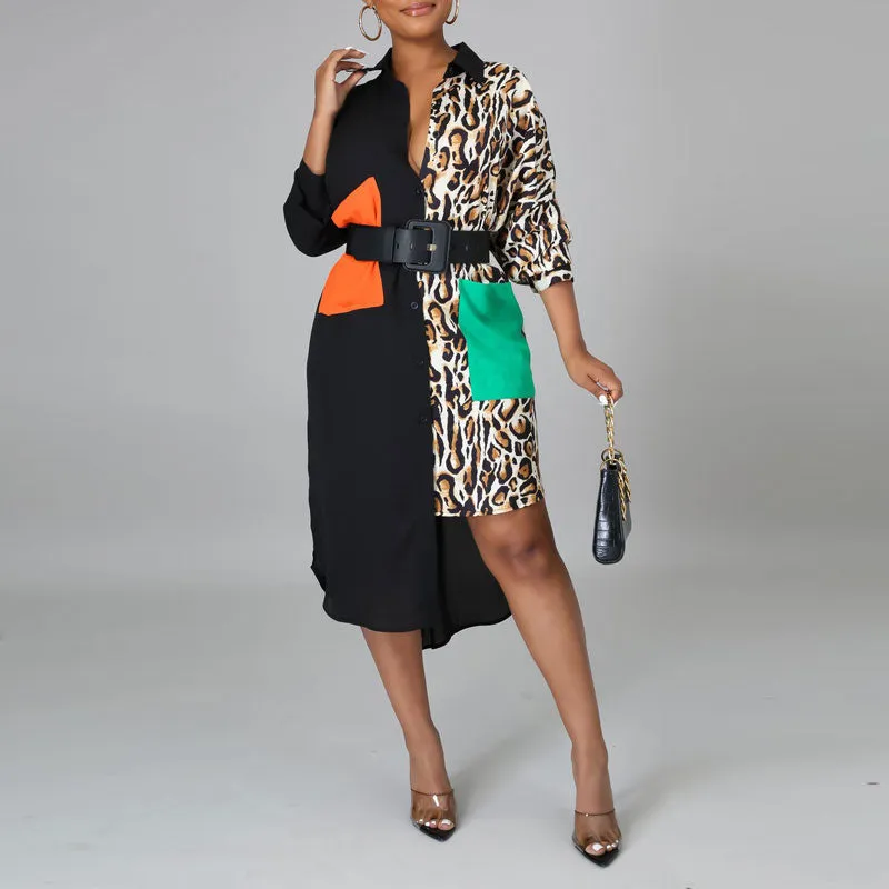 Leopard Print Long Sleeve Pocket Design Irregular Shirt Dress