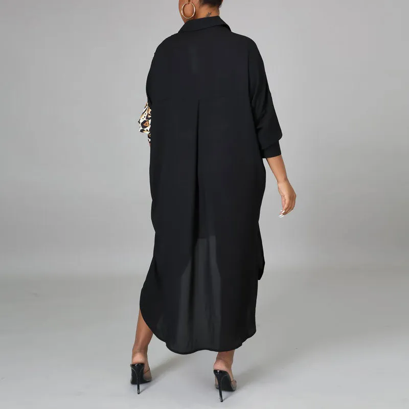 Leopard Print Long Sleeve Pocket Design Irregular Shirt Dress