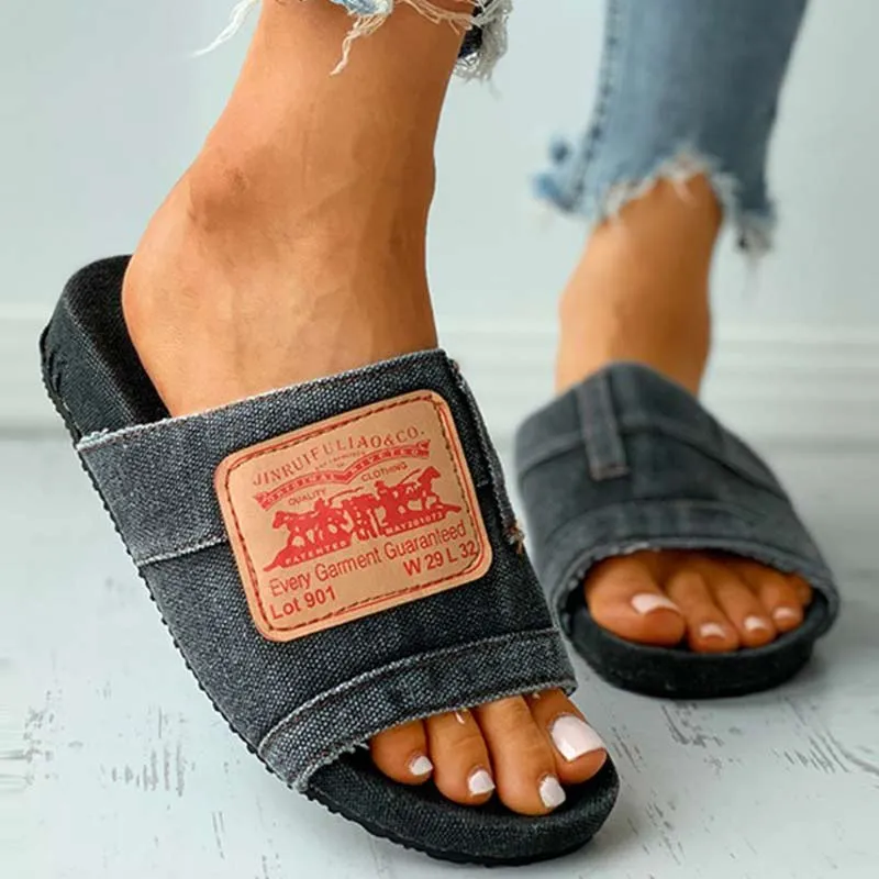Letter Print Denim Flat Sandals