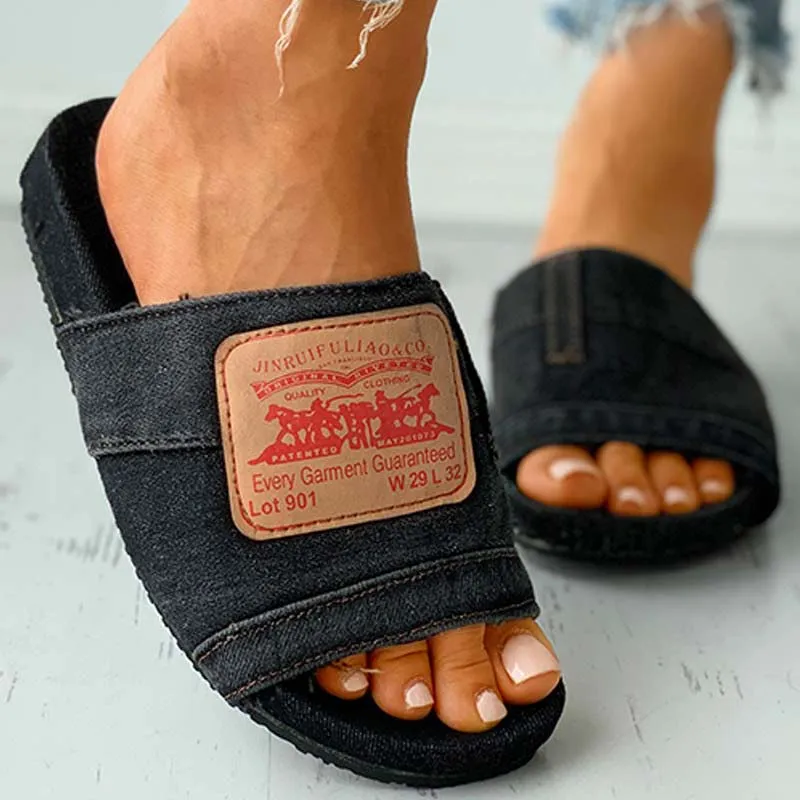 Letter Print Denim Flat Sandals