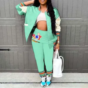 Letter Print Long Sleeve Baseball Coat & Pants Set
