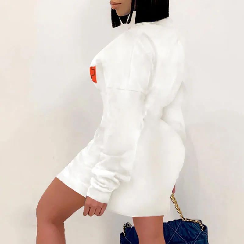 Letter Print Long Sleeve Zipper Design Bodycon Dress
