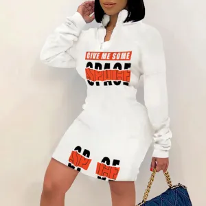 Letter Print Long Sleeve Zipper Design Bodycon Dress