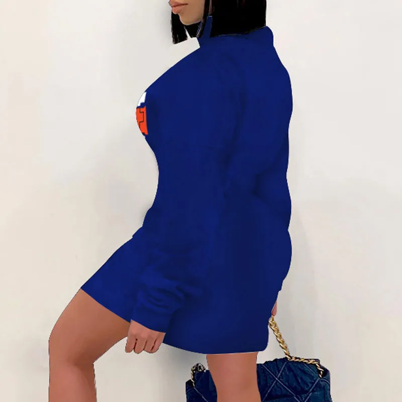 Letter Print Long Sleeve Zipper Design Bodycon Dress