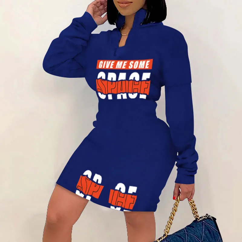Letter Print Long Sleeve Zipper Design Bodycon Dress