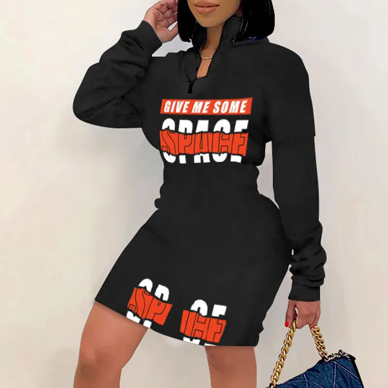 Letter Print Long Sleeve Zipper Design Bodycon Dress