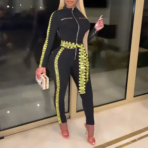 Letter Print Long Sleeve Zipper Design Skinny Jumpsuit