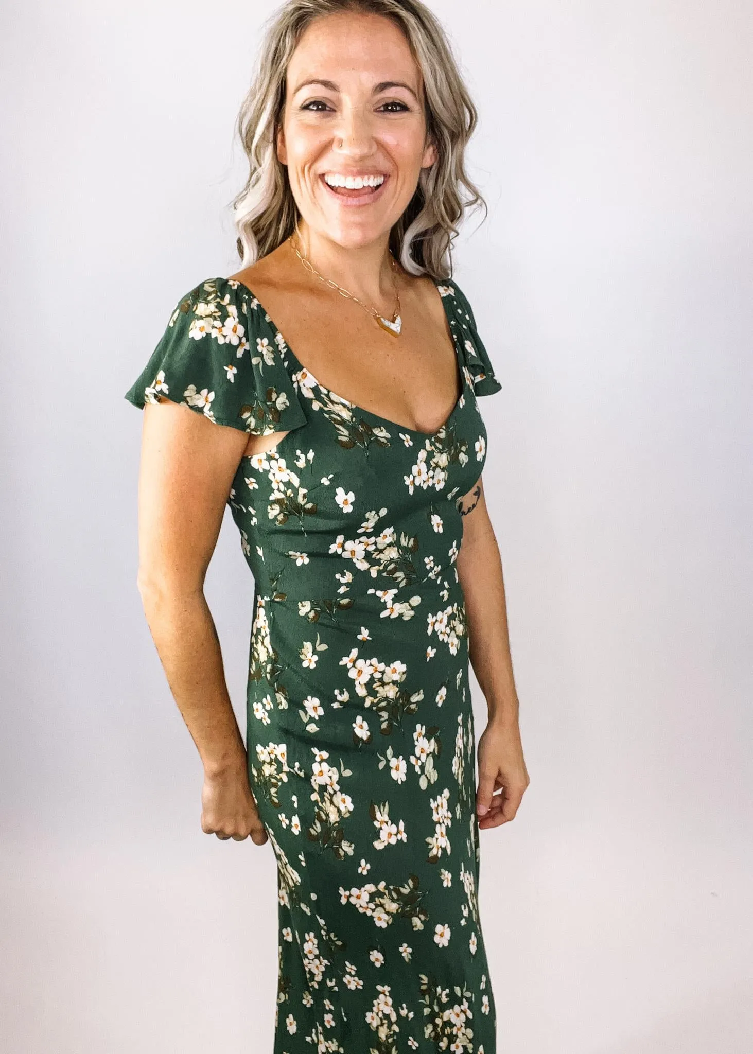 Lia Green Floral Ruffle Sleeve Dress