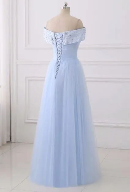 Light Blue Simple Bridesmaid Dresses, Off Shoulder Party Dress, Simple Tulle Junior Prom Dress