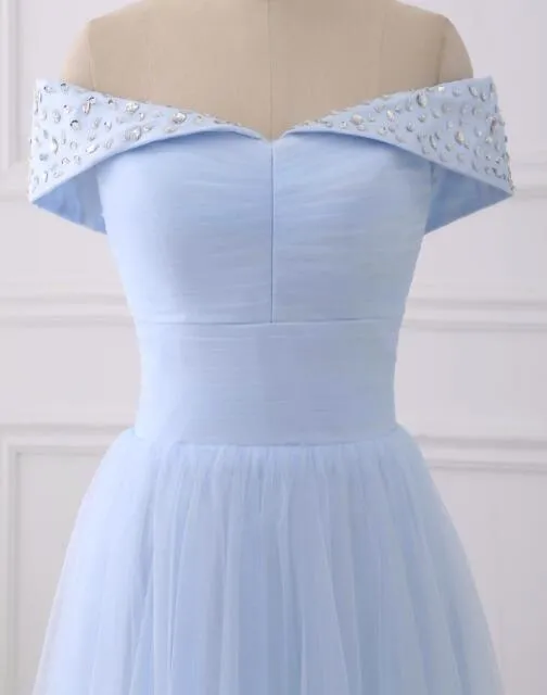 Light Blue Simple Bridesmaid Dresses, Off Shoulder Party Dress, Simple Tulle Junior Prom Dress