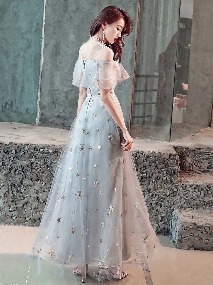 Light Grey Tulle A-line Simple Long Party Dress, Grey Evening Dresses Prom Dresses