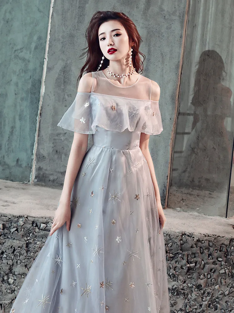 Light Grey Tulle A-line Simple Long Party Dress, Grey Evening Dresses Prom Dresses