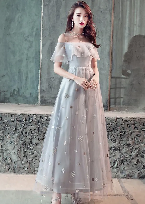 Light Grey Tulle A-line Simple Long Party Dress, Grey Evening Dresses Prom Dresses