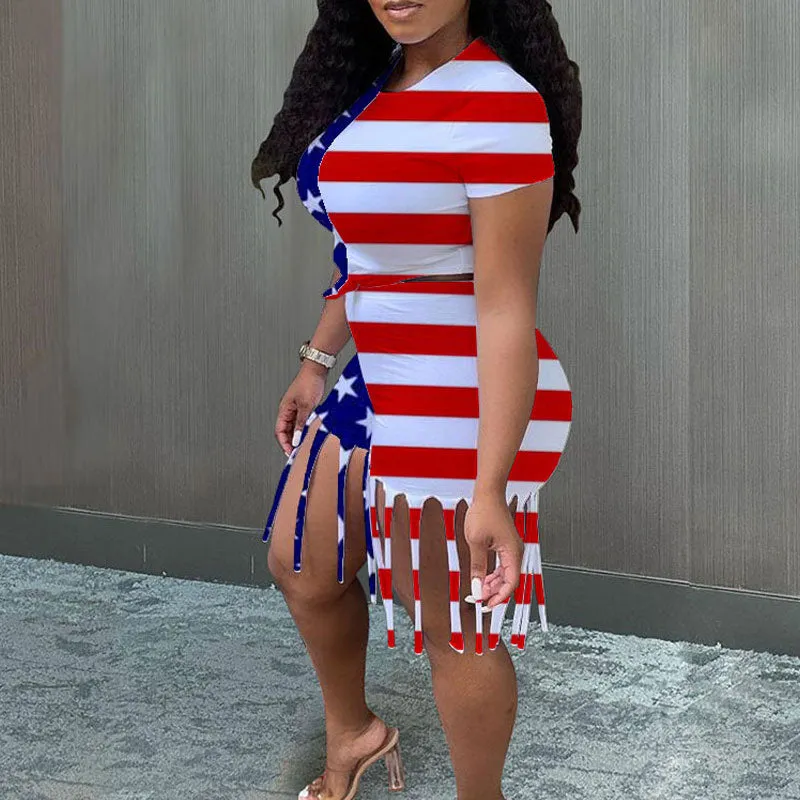 Lips & Flag Print Tassel Design 2PCS Shorts Set
