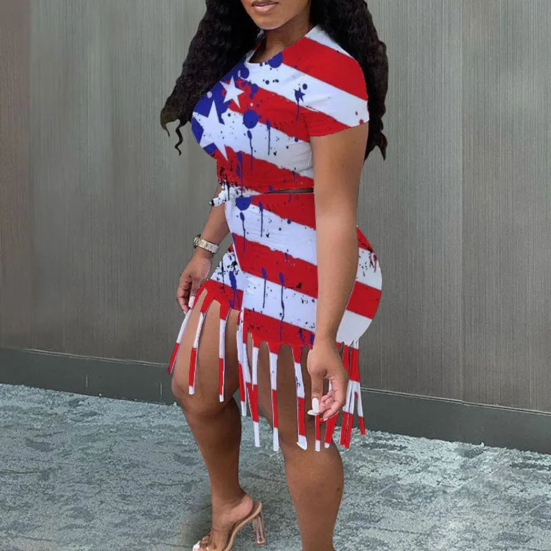 Lips & Flag Print Tassel Design 2PCS Shorts Set