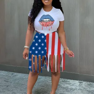 Lips & Flag Print Tassel Design 2PCS Shorts Set