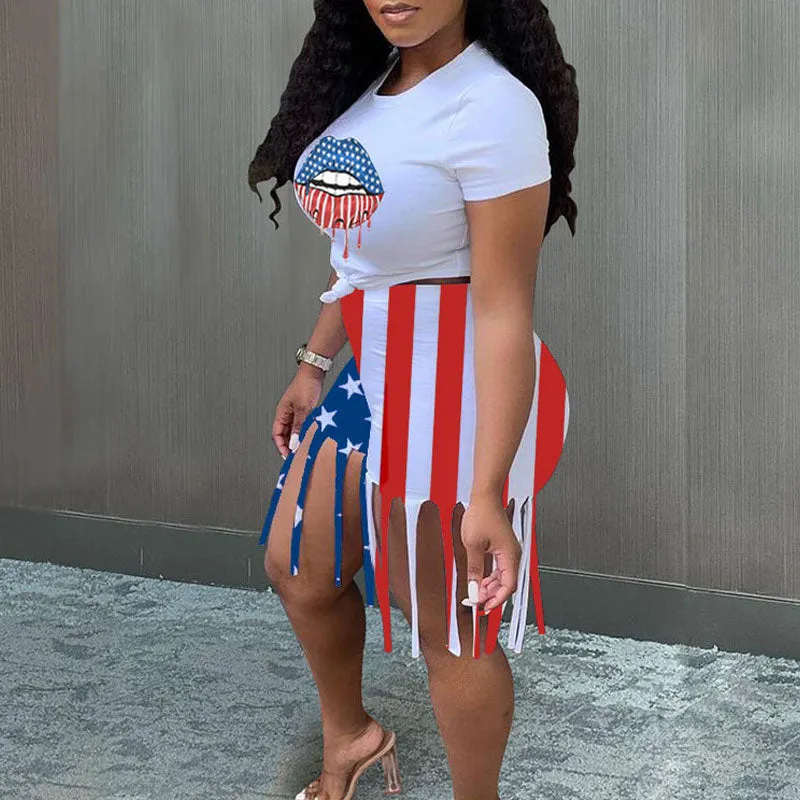 Lips & Flag Print Tassel Design 2PCS Shorts Set