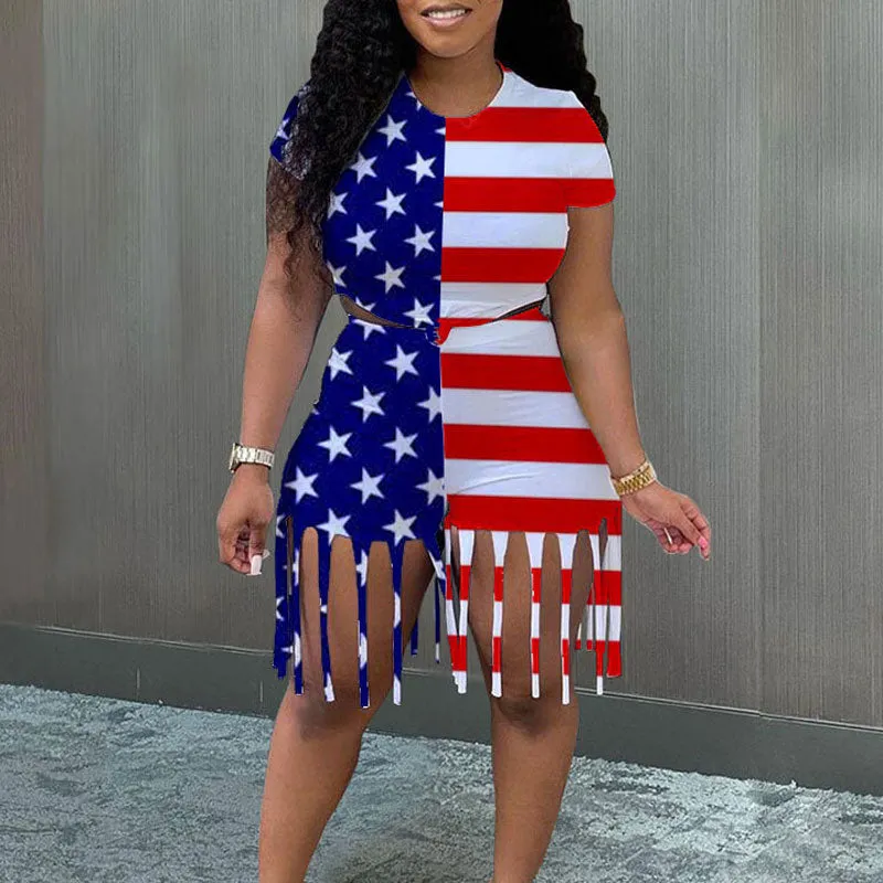 Lips & Flag Print Tassel Design 2PCS Shorts Set