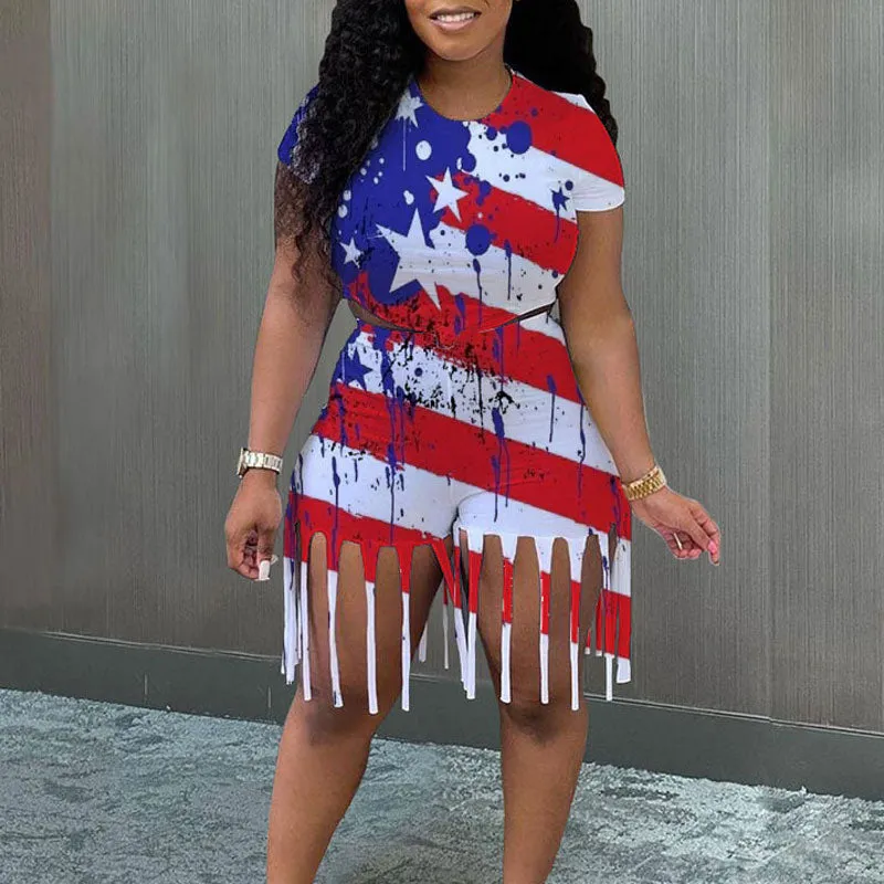 Lips & Flag Print Tassel Design 2PCS Shorts Set