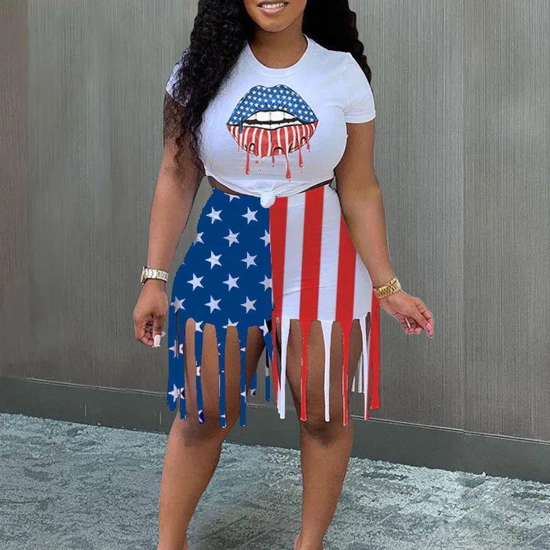 Lips & Flag Print Tassel Design 2PCS Shorts Set