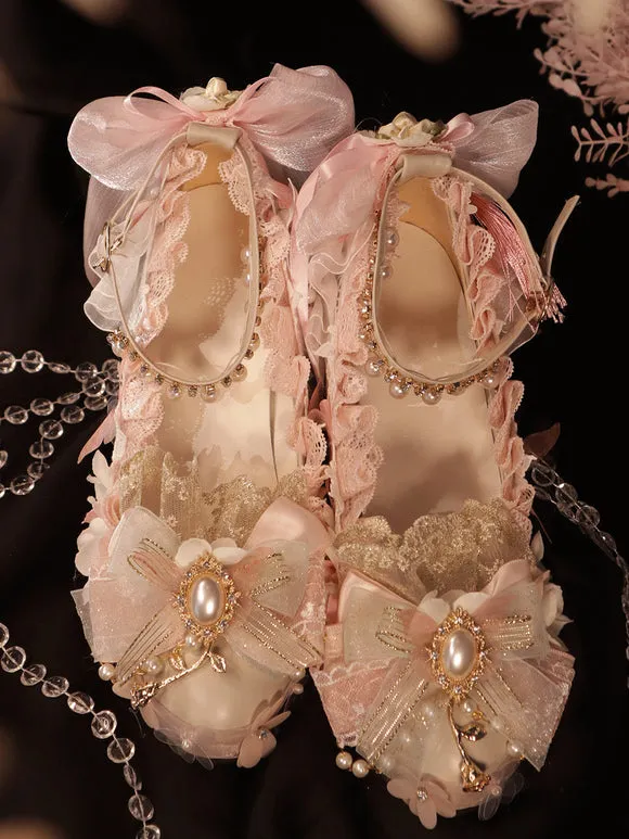 Lolita Wedding Dress Lolita Footwear Pink Pearls Bows Fringe PU Leather Chunky Heel Lolita Pumps