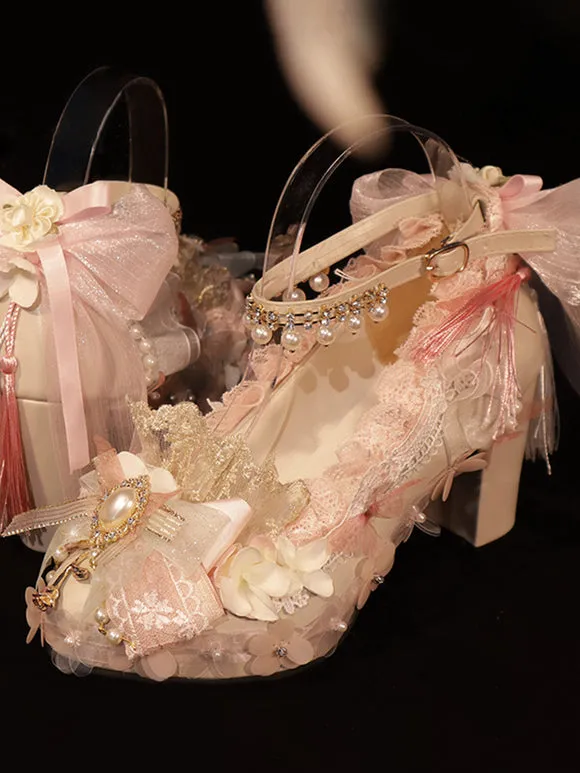 Lolita Wedding Dress Lolita Footwear Pink Pearls Bows Fringe PU Leather Chunky Heel Lolita Pumps