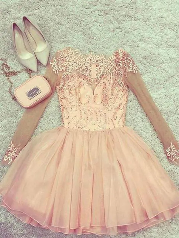 Long Sleeves Appliques Homecoming Dress Party Dresses with Beading, MH356