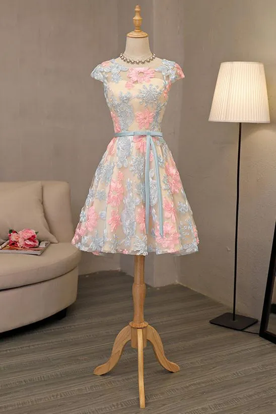 Lovely Lace Flowers Knee Length Simple Pretty Party Dress, Cute Homecoming Dress