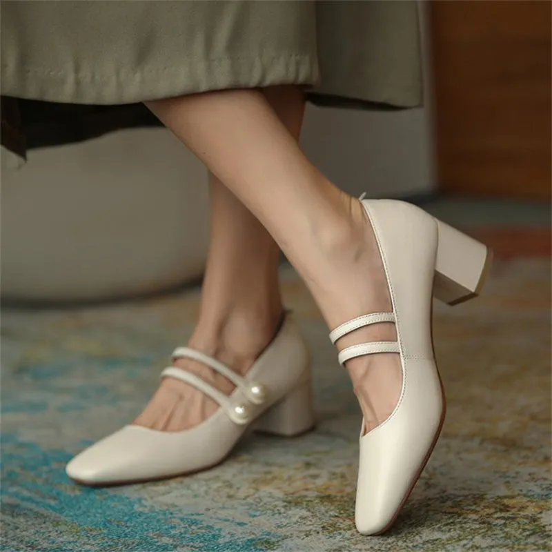 Luxury Simple Square Toe Pearl All Match Women's Pumps