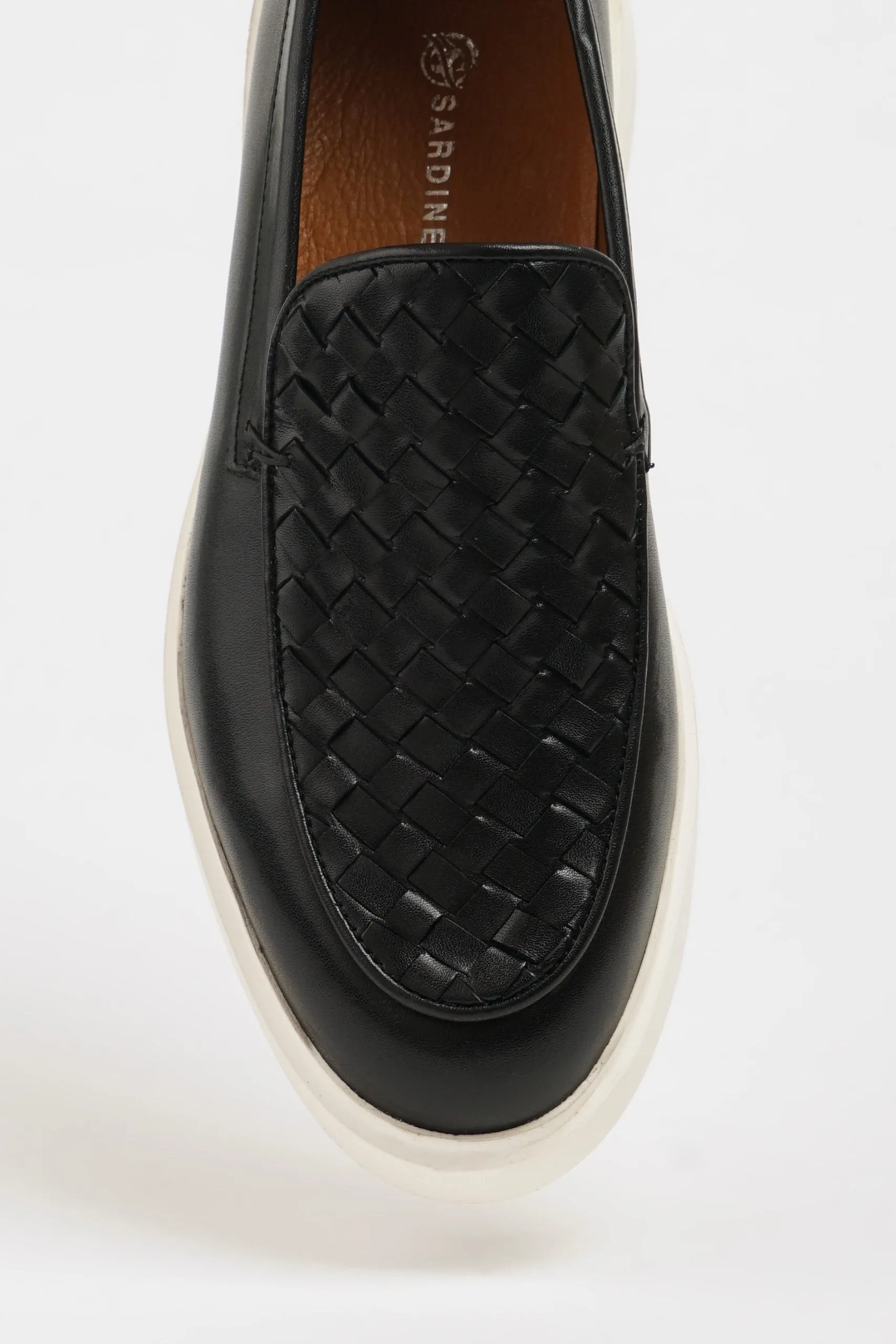 Maison Black Leather Casual Shoes with Knitted Detail