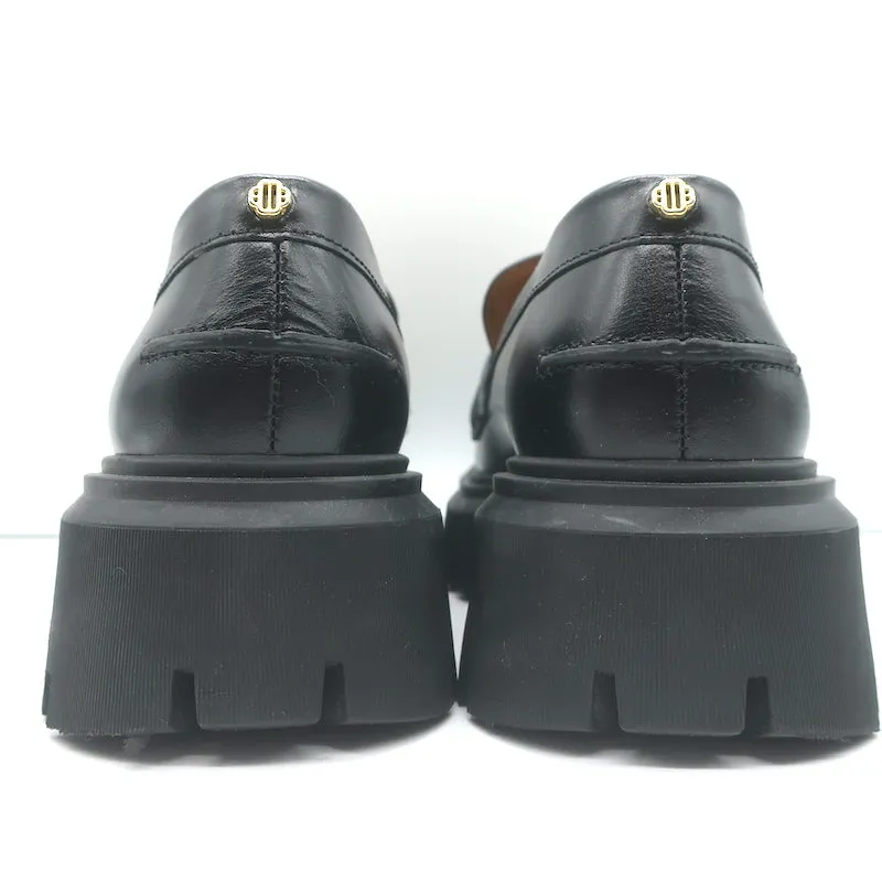 Maje Medallion Platform Penny Loafers Black Leather Size 38