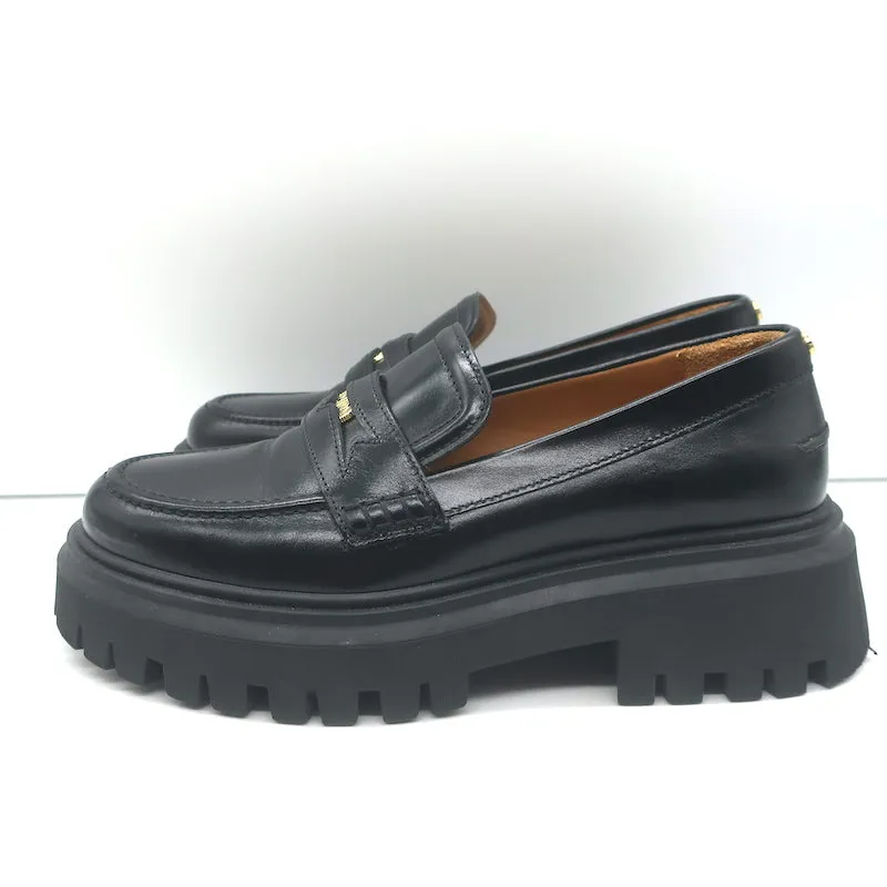 Maje Medallion Platform Penny Loafers Black Leather Size 38