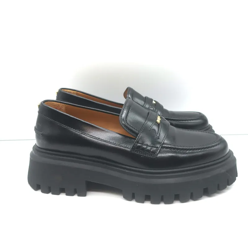Maje Medallion Platform Penny Loafers Black Leather Size 38