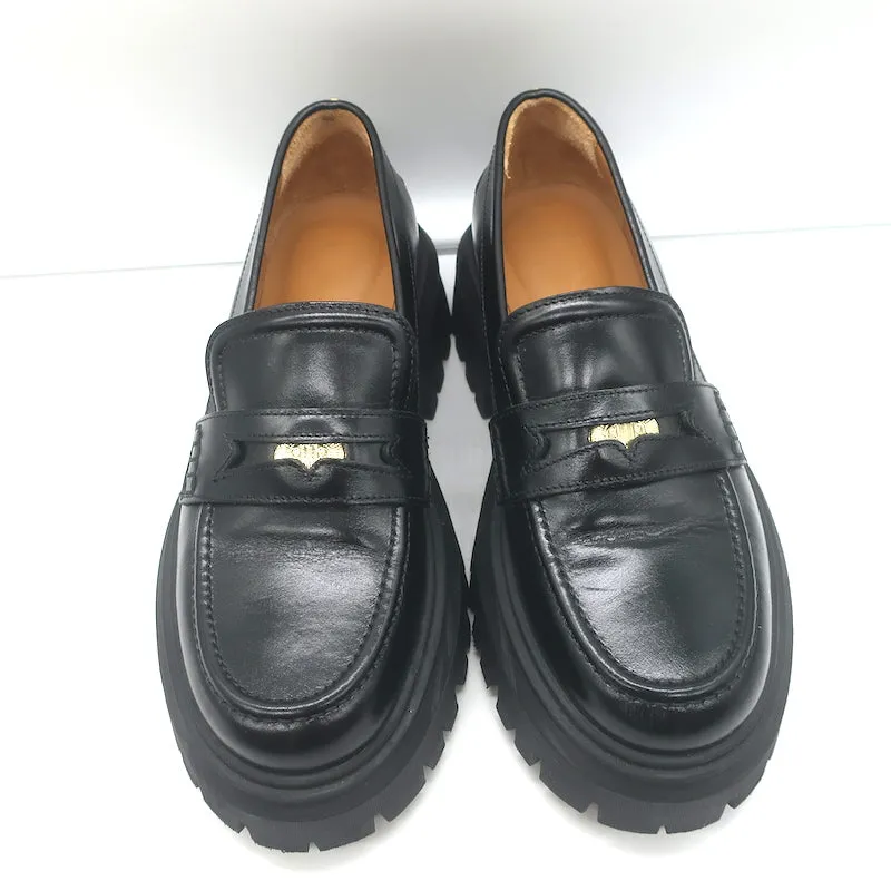 Maje Medallion Platform Penny Loafers Black Leather Size 38