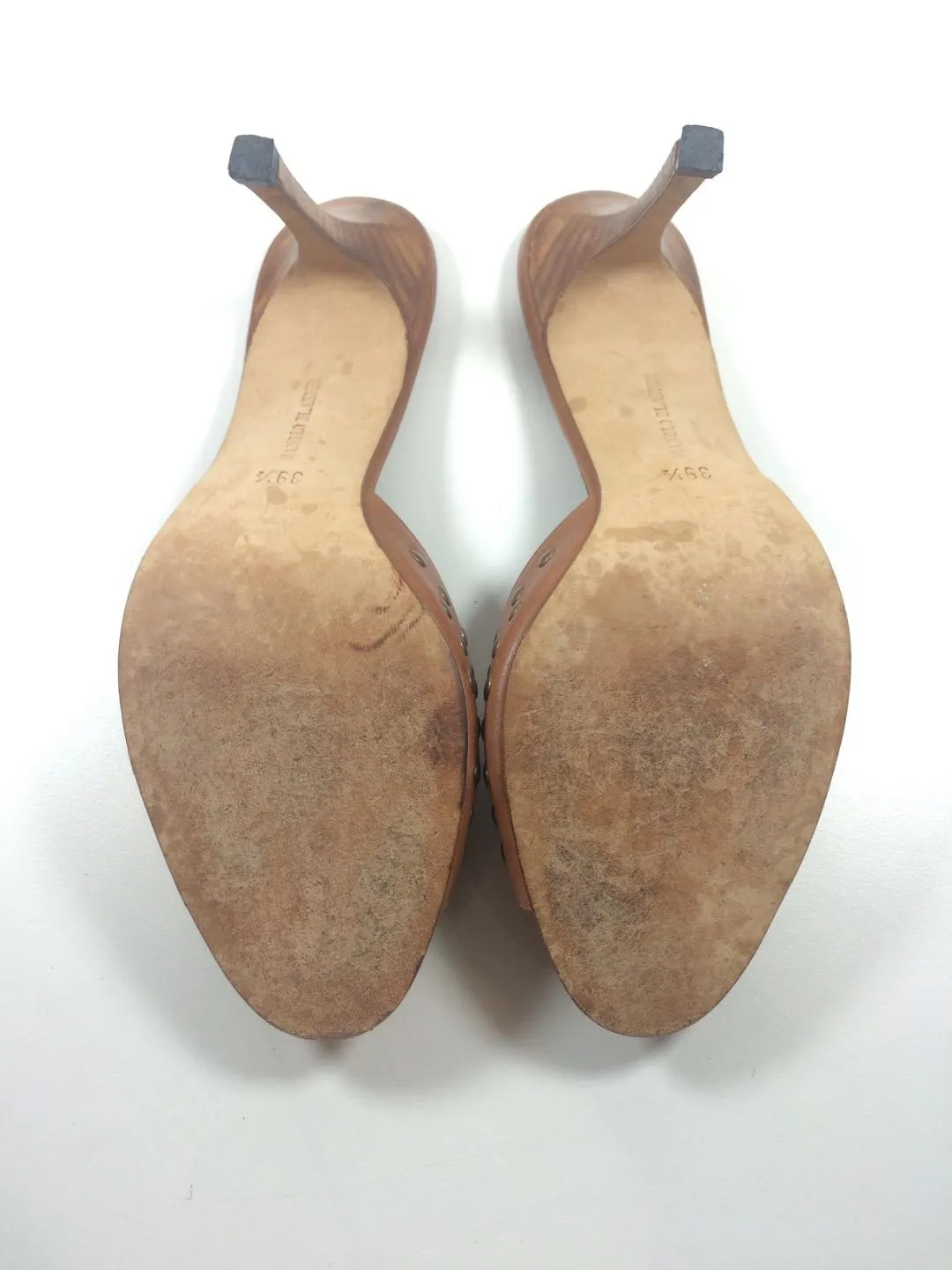 MANOLO BLAHNIK Studded Light Brown Leather Peep Toe Stiletto Heel Mules Size 9
