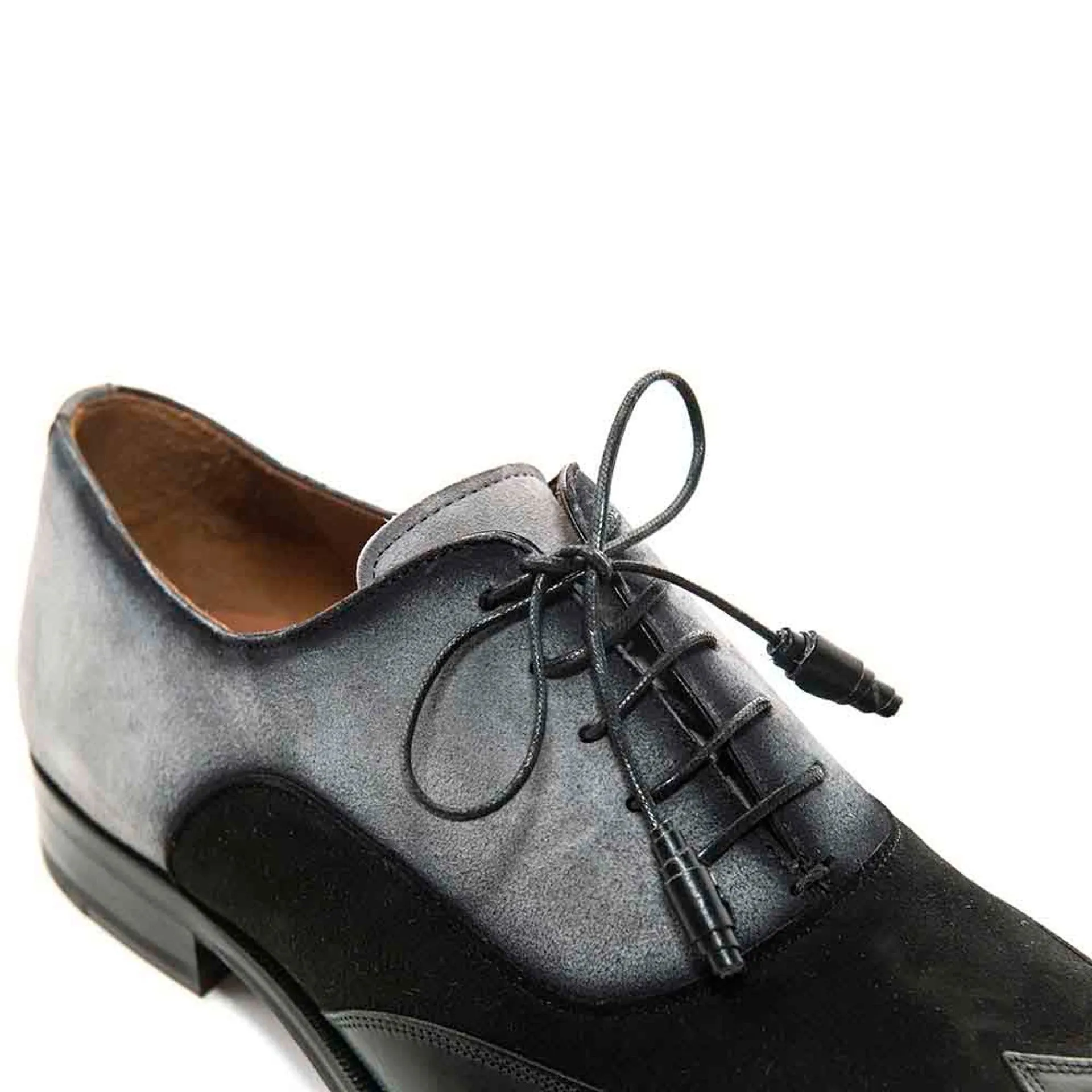 Men Black and Grey Suede Wing Tip Oxford By Mezlan Made In Spain Brand