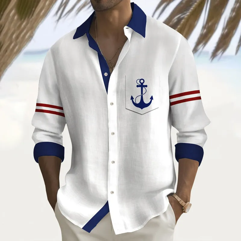 Men's Basic Anchor Print Long-Sleeved Shirt 2408003379