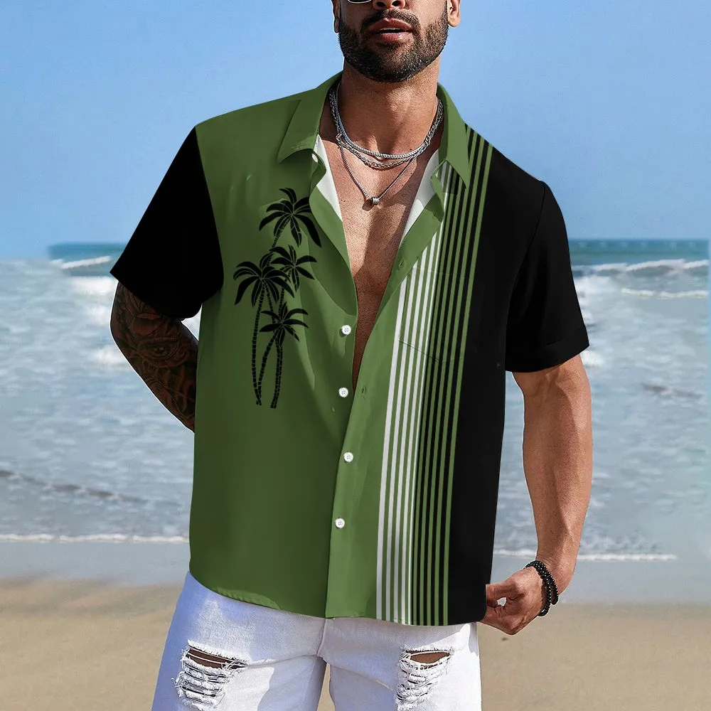 Men's Casual Hawaiian Coconut Stripe Print Short Sleeve Shirt 2409007329