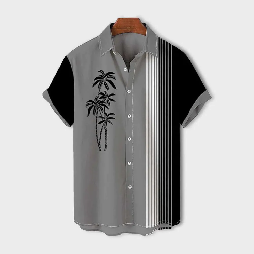Men's Casual Hawaiian Coconut Stripe Print Short Sleeve Shirt 2409007329