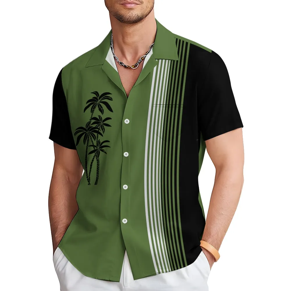 Men's Casual Hawaiian Coconut Stripe Print Short Sleeve Shirt 2409007329