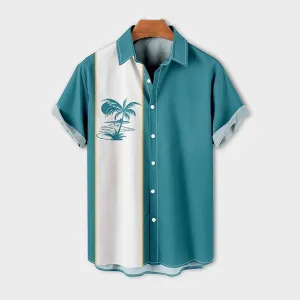 Men's Casual Hawaiian Coconut Stripe Print Short Sleeve Shirt 2409007329