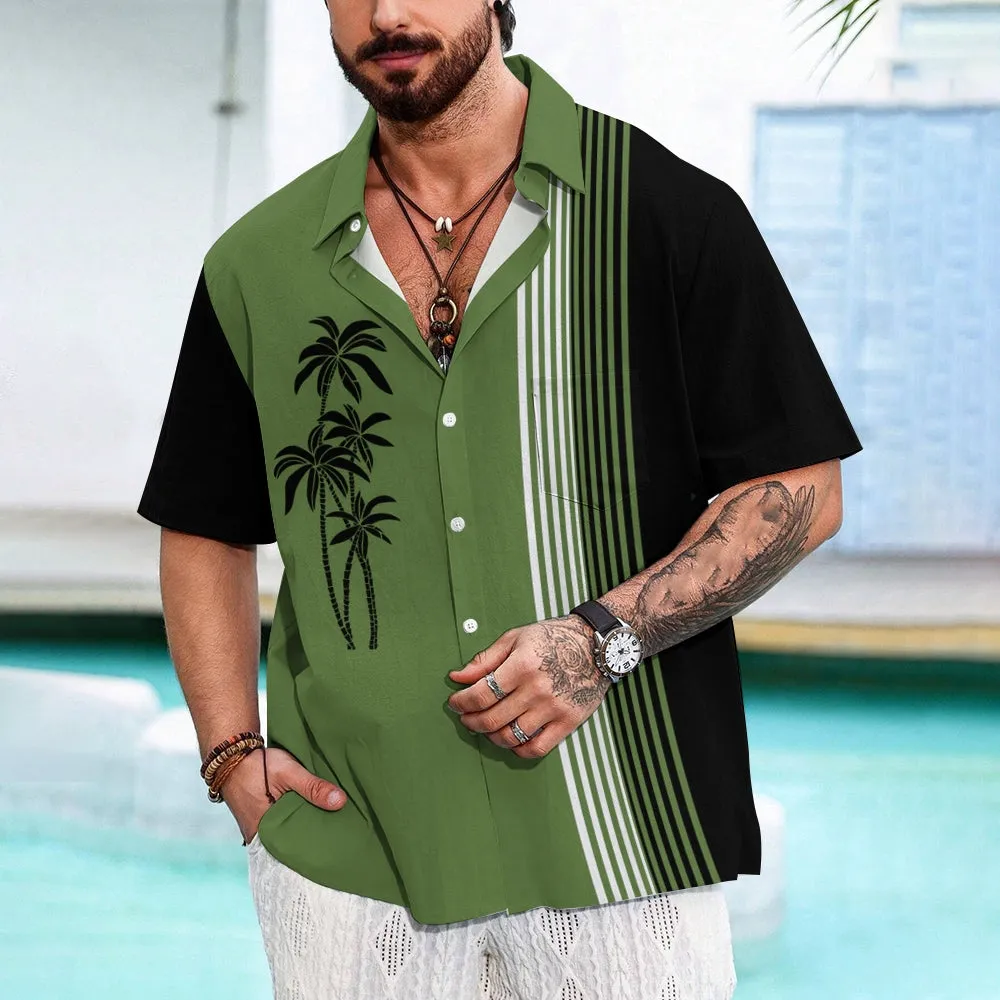 Men's Casual Hawaiian Coconut Stripe Print Short Sleeve Shirt 2409007329