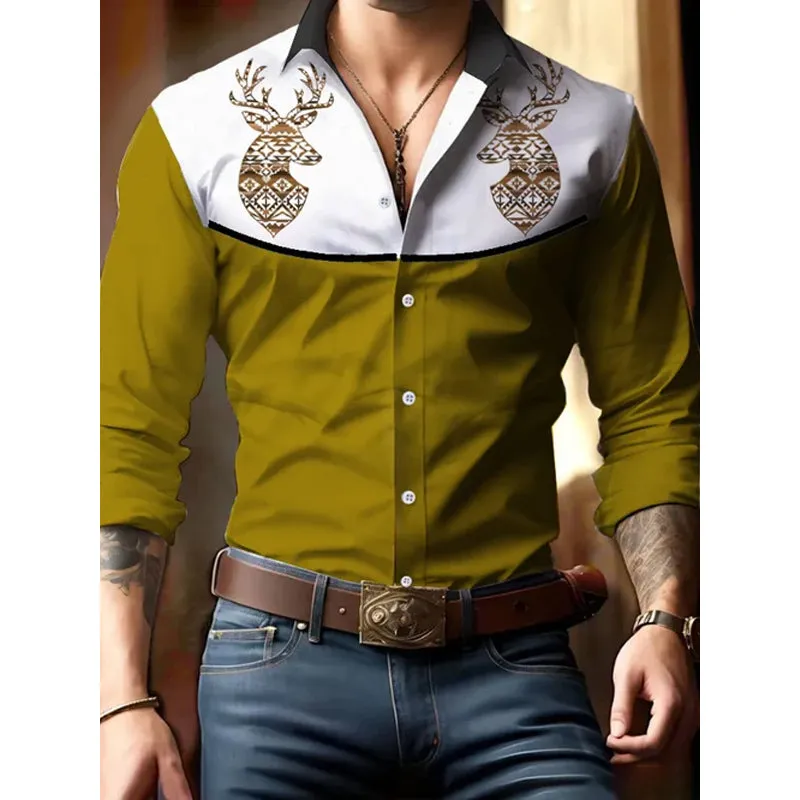 Men's Elk Retro Western Contrast Print Long Sleeve Shirt
