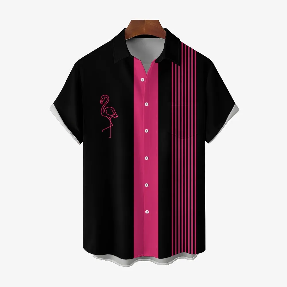 Men's Geometric Flamingo Stripe Print Casual Short Sleeve Shirt 2409010622
