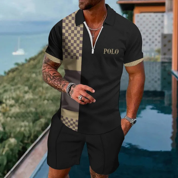 Men's Geometric Print Casual Short-Sleeved Polo Two-Piece Set 2407000731